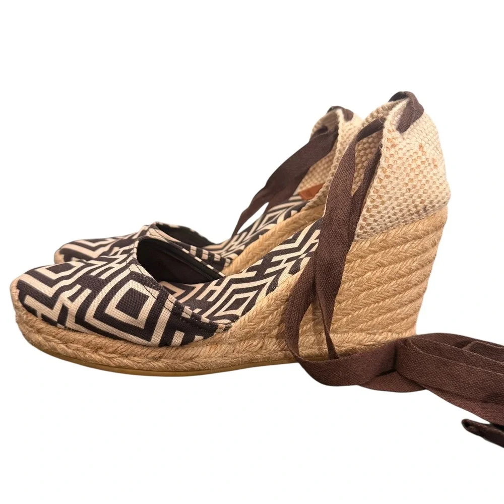 Tory Burch Wedge Espadrille Lace Up Ankle Strap 38 Geometric Canvas Resortwear